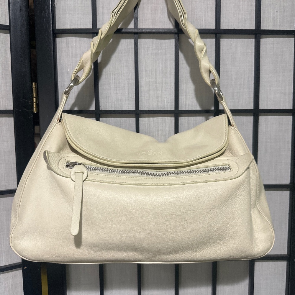 Hogan Designer Cream Slouch Supple LeatherShoulder Bag EUC
